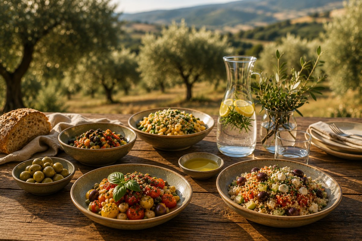 Mediterranean dishes on a rustic table overlooking the olive groves