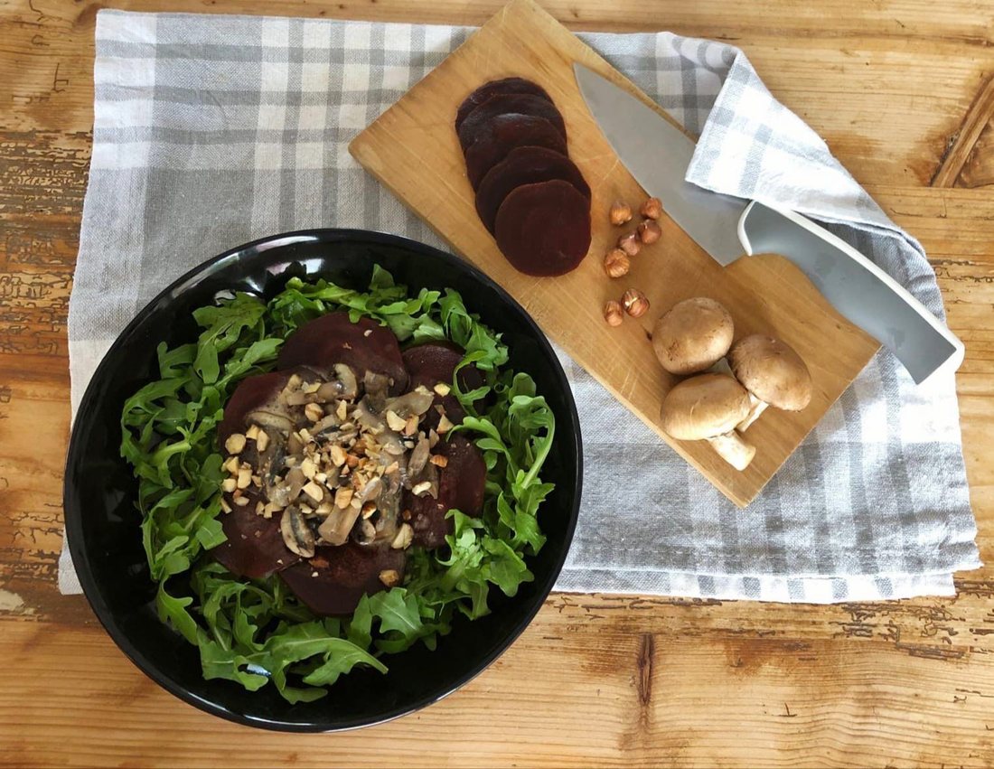 Autumn beetroot, mushroom and hazelnut plate