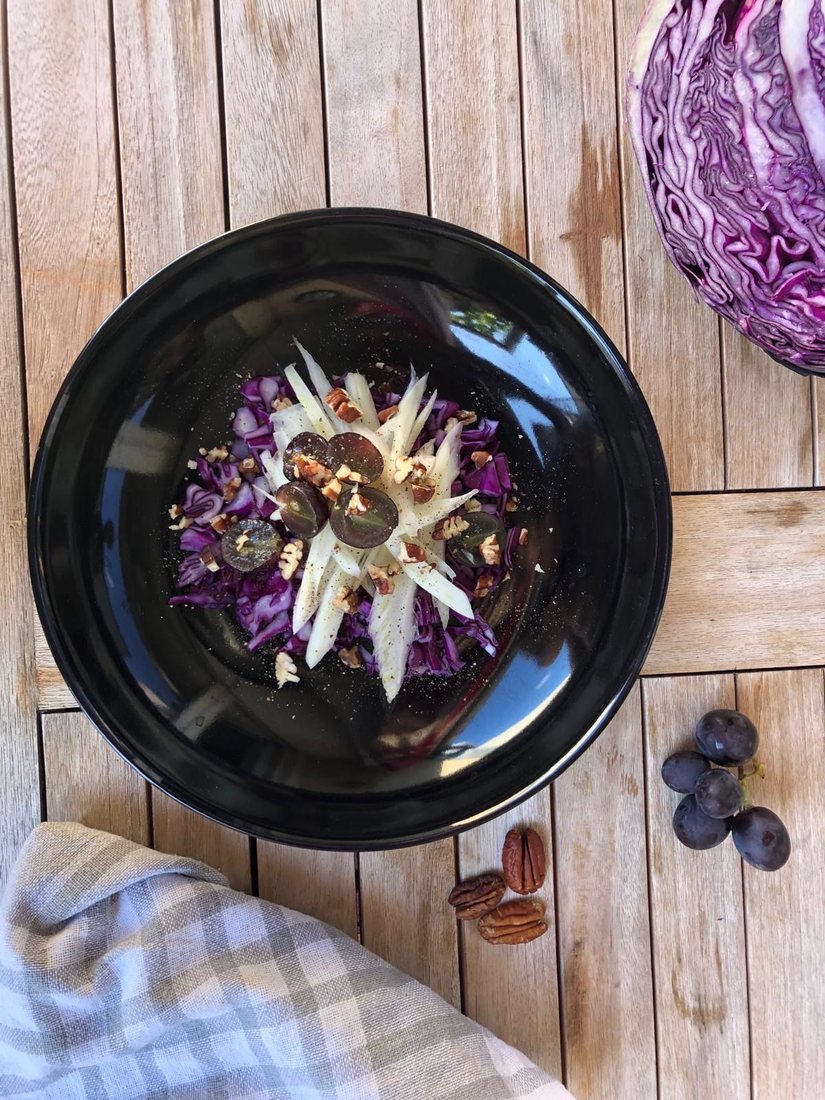 Purple cabbage, fennel and black grape salad